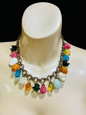 Multicolor Chunky Textured Glass Charm Pendant Necklace EUC Collectible- READ